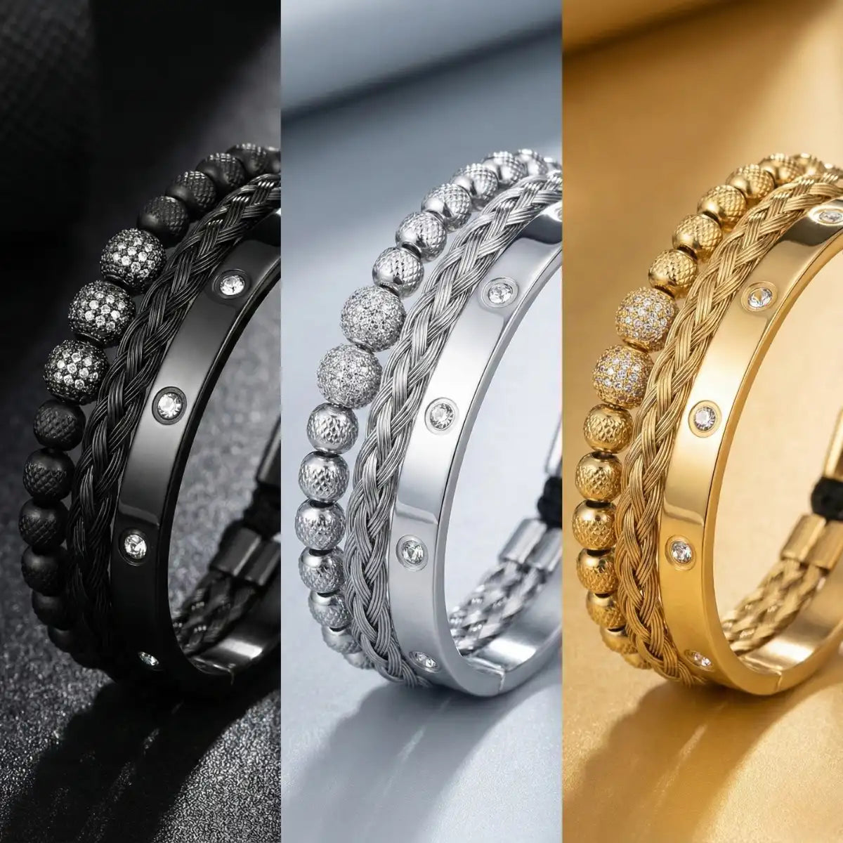 Men's Luxury CZ Pave & Braided Cable Bracelet Set Gold Silver and Black Details