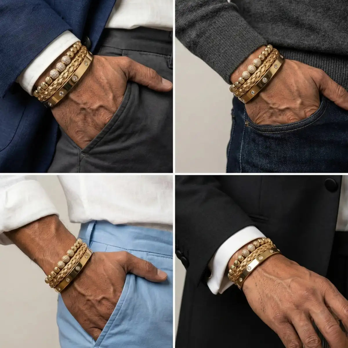 Men's Luxury CZ Pave & Braided Cable Bracelet Set Gold Worn by Male Model
