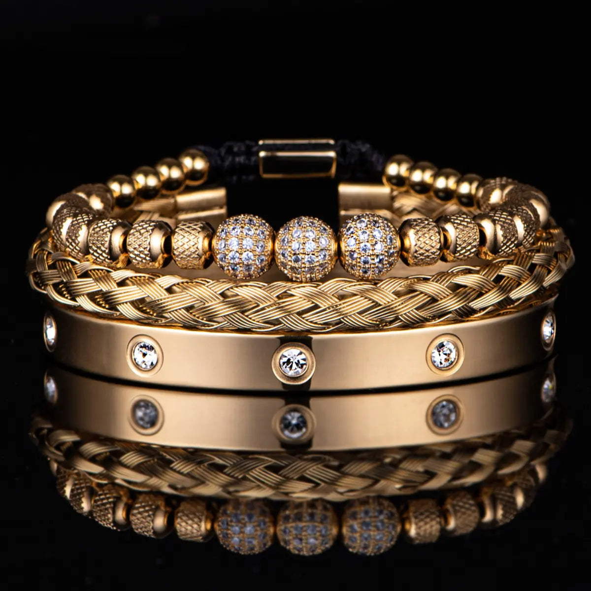 Men's Luxury CZ Pave & Braided Cable Bracelet Set Gold