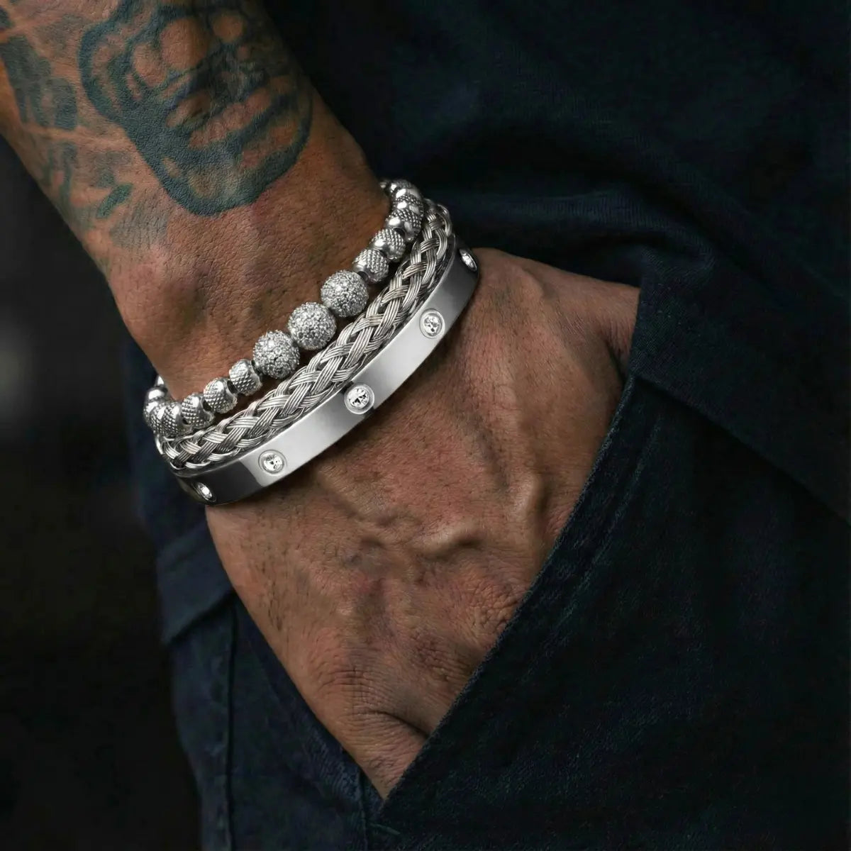 Men's Luxury CZ Pave & Braided Cable Bracelet Set Silver Worn by Male Model