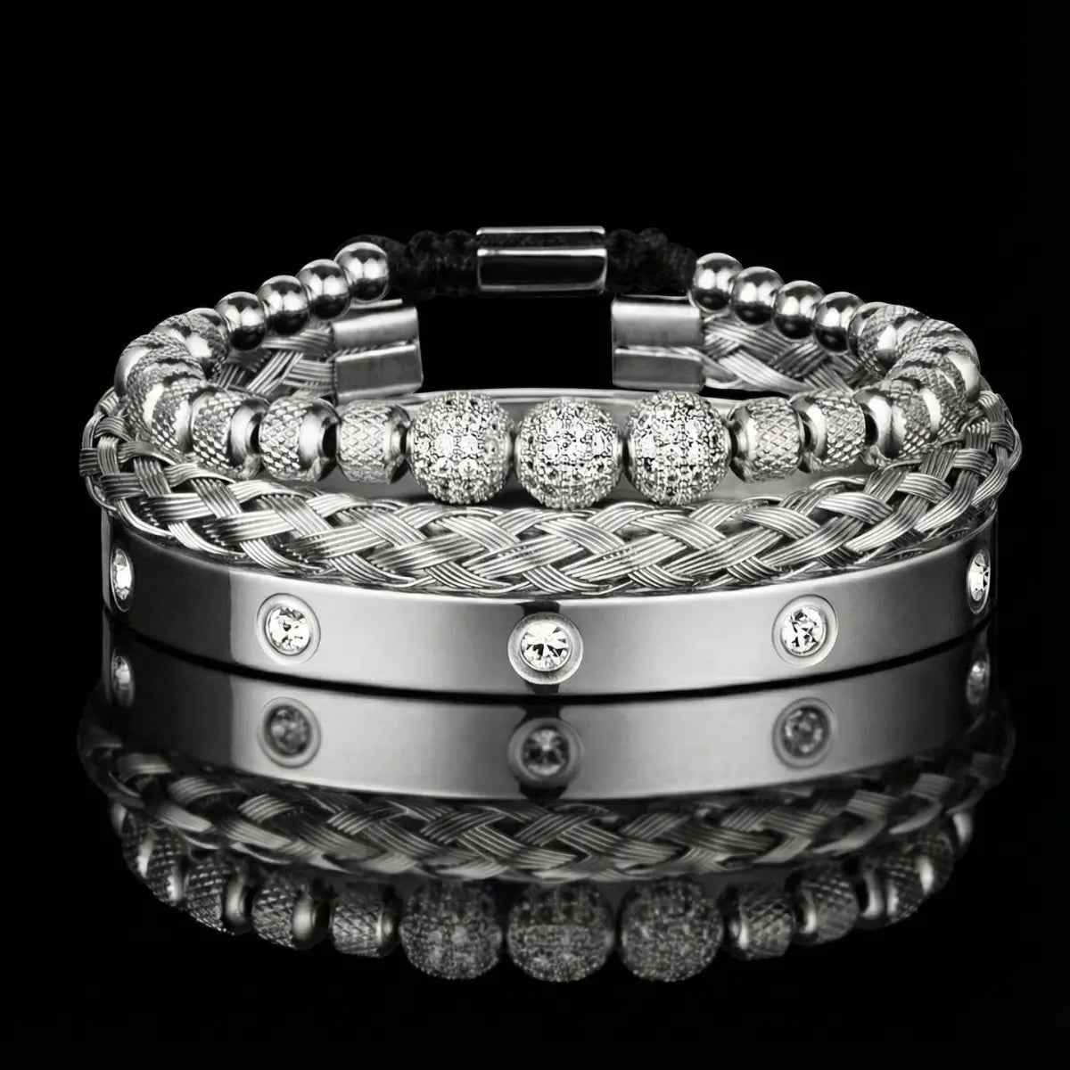 Men's Luxury CZ Pave & Braided Cable Bracelet Set Silver