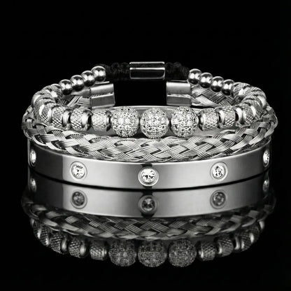 Men's Luxury CZ Pave & Braided Cable Bracelet Set Silver