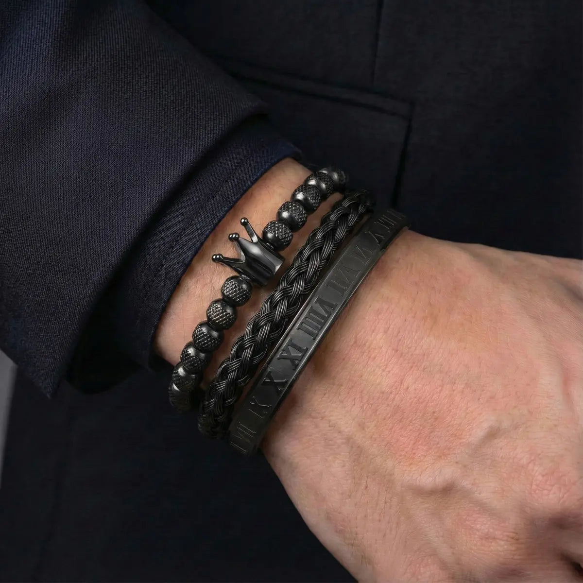 Men's Luxury Crown Roman Numeral Stacking Bracelet Set Black Worn by Male Model