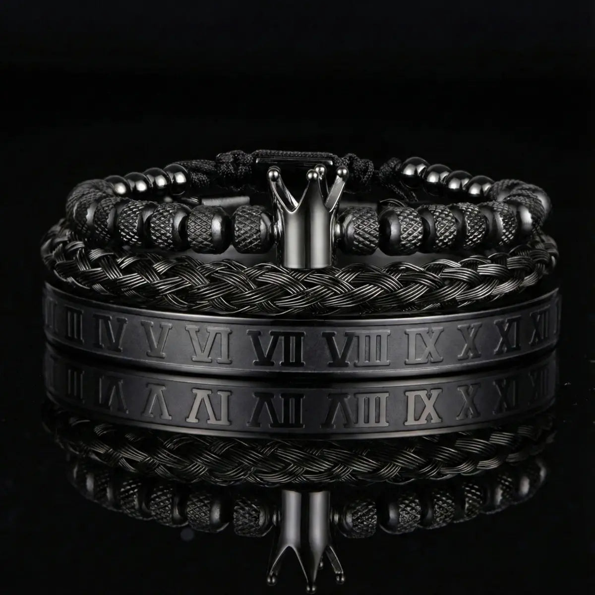 Men's Luxury Crown Roman Numeral Stacking Bracelet Set Black