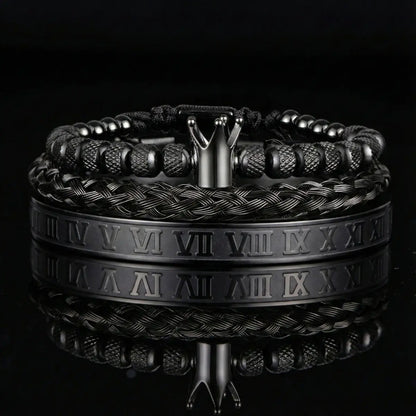 Men's Luxury Crown Roman Numeral Stacking Bracelet Set Black