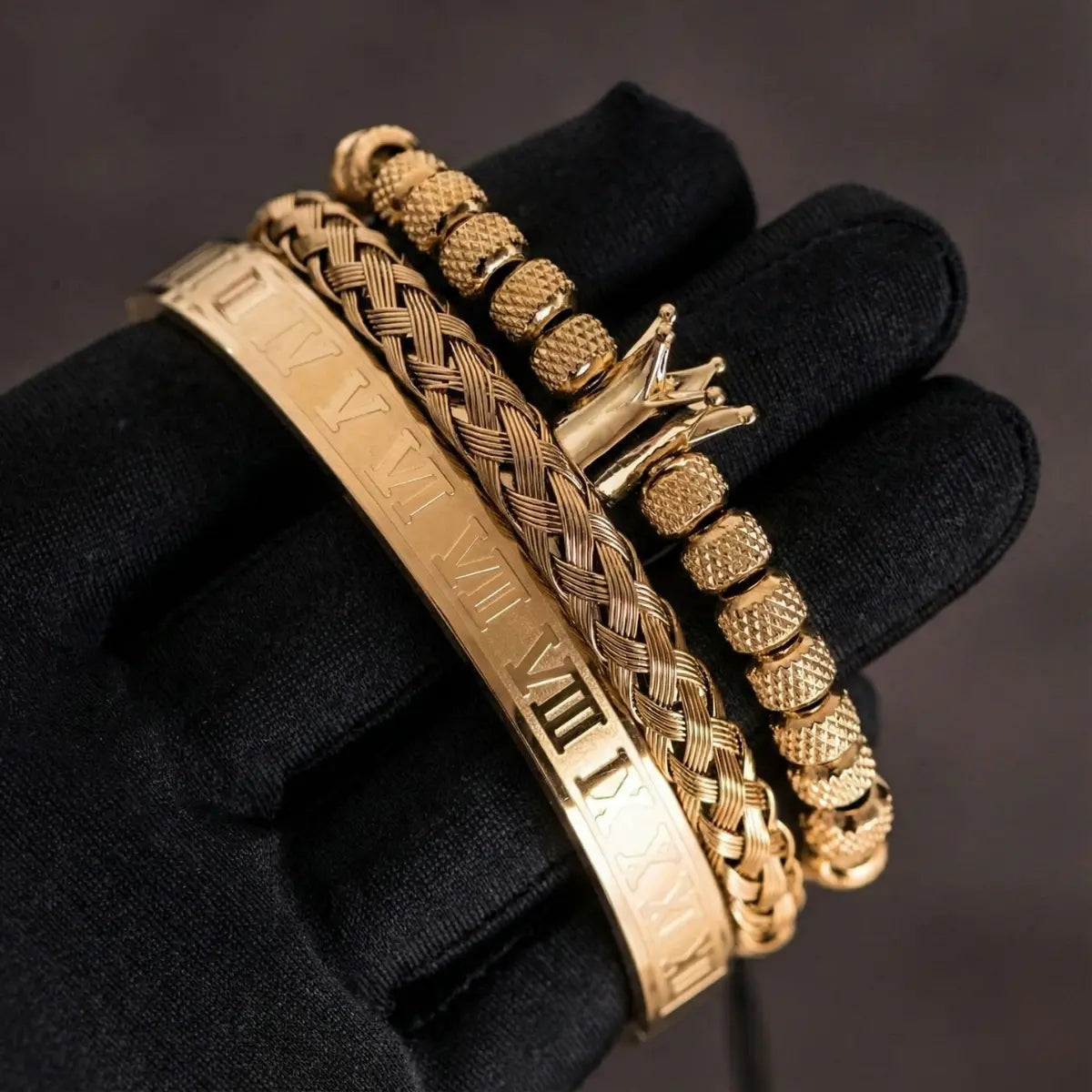 Men's Luxury Crown Roman Numeral Stacking Bracelet Set Gold Close Up