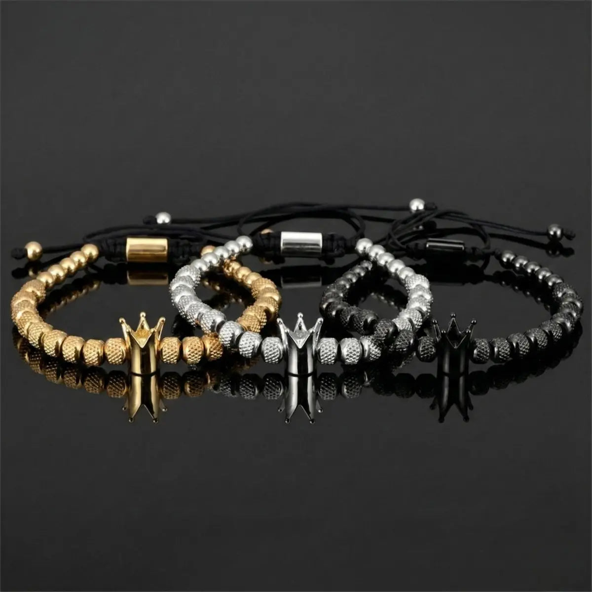 Men's Luxury Crown Roman Numeral Stacking Bracelet Set Gold Silver and Black Details