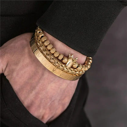 Men's Luxury Crown Roman Numeral Stacking Bracelet Set Gold Worn by Male Model
