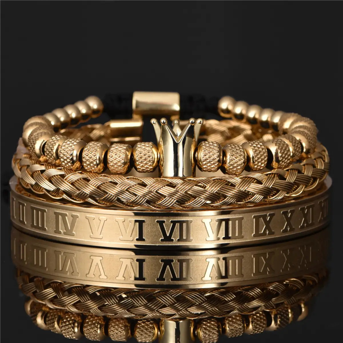 Men's Luxury Crown Roman Numeral Stacking Bracelet Set Gold