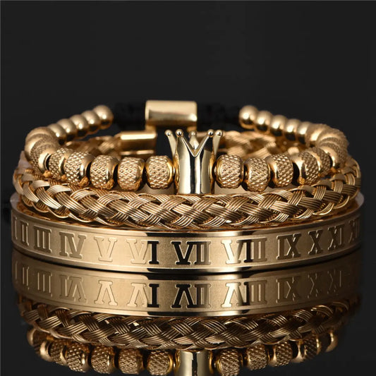 Men's Luxury Crown Roman Numeral Stacking Bracelet Set Gold