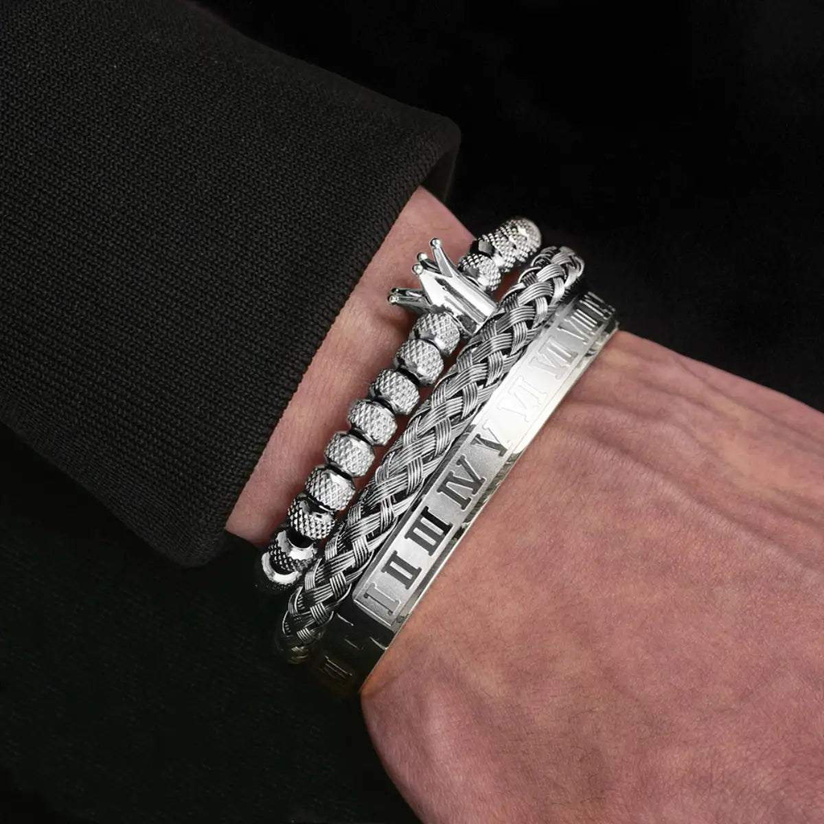 Men's Luxury Crown Roman Numeral Stacking Bracelet Set Silver Worn by Male Model