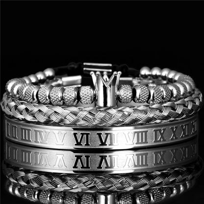 Men's Luxury Crown Roman Numeral Stacking Bracelet Set Silver