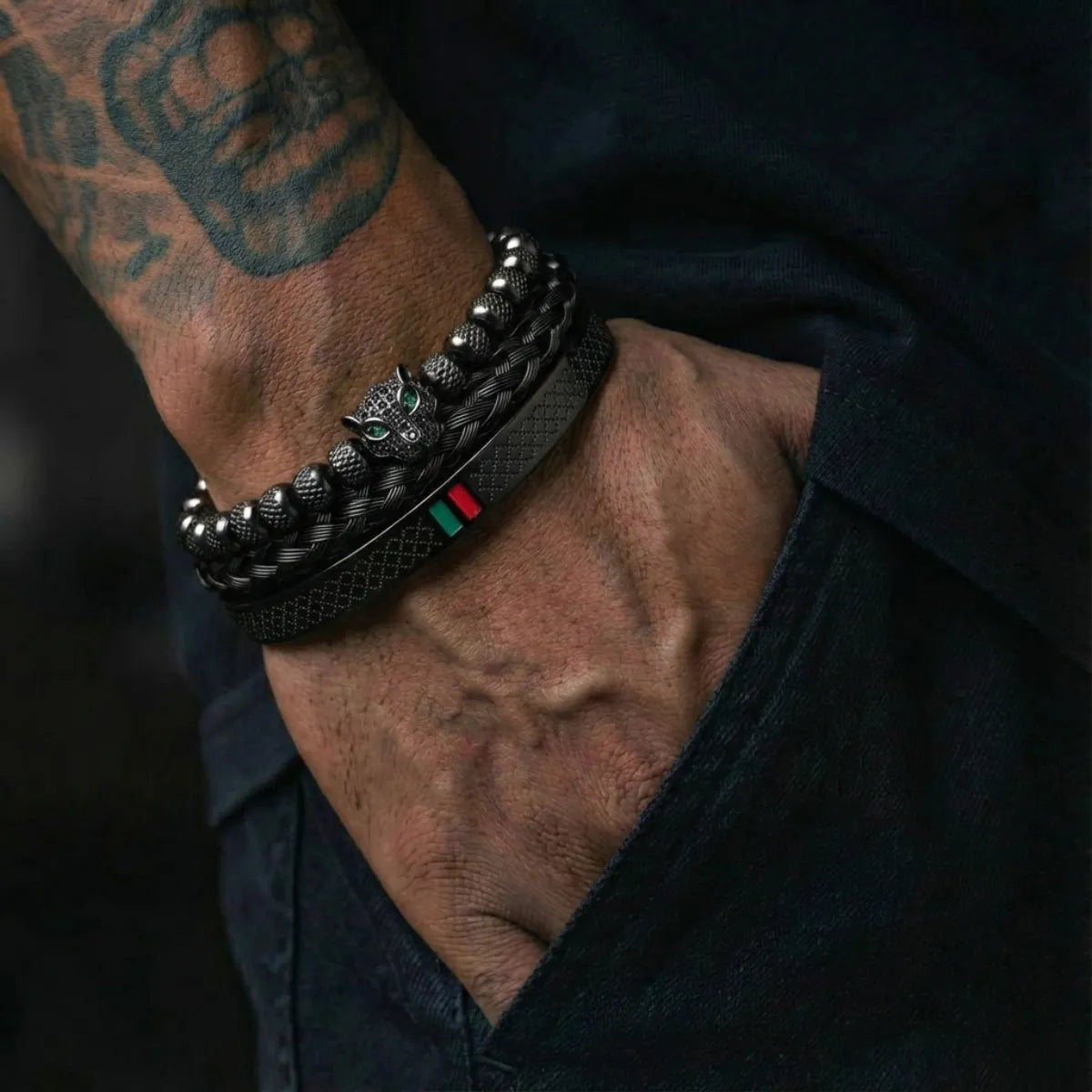Men's Panther Bracelet Set Black Worn by Male Model