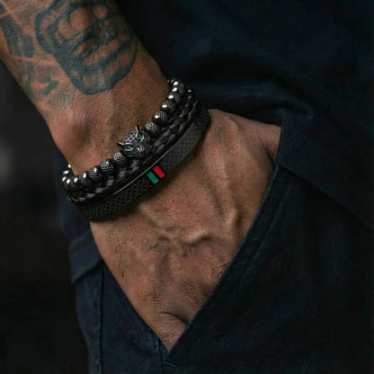 Men's Panther Bracelet Set Black Worn by Male Model