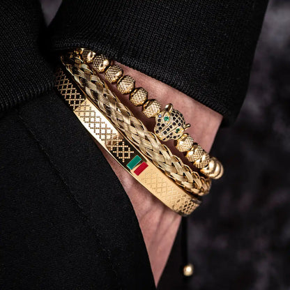 Men's Panther Bracelet Set Gold Worn by Male Model