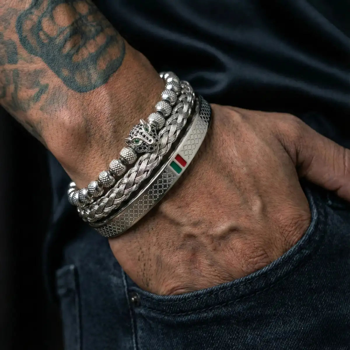 Men's Panther Bracelet Set Silver Worn by Male Model
