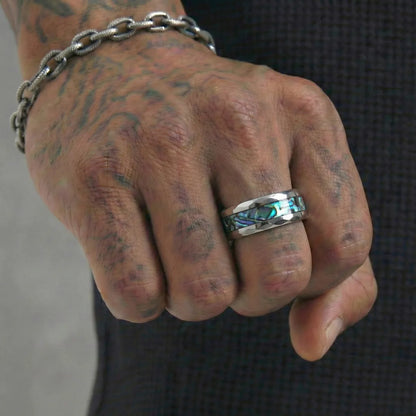 Men’s Polished Silver Abalone Ring Worn by Male Model