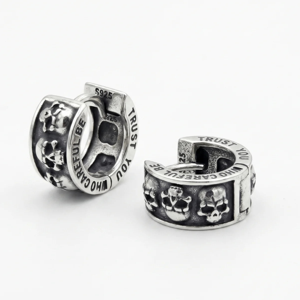 Men’s Silver Skull Huggie Hoop Earrings Side Close Up