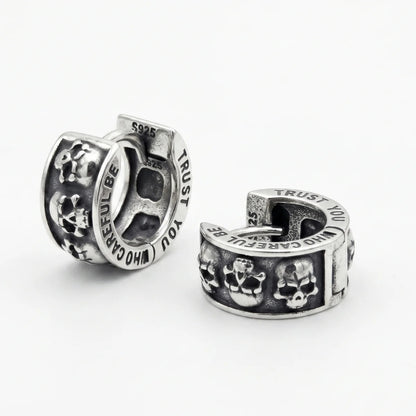 Men’s Silver Skull Huggie Hoop Earrings Side Close Up