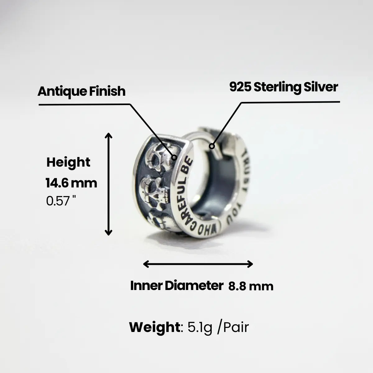 Men's Silver Skull Huggie Hoop Earrings Dimensions and Weight