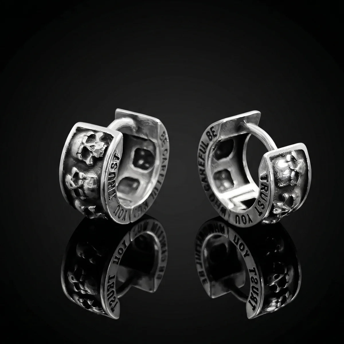Men's Silver Skull Huggie Hoop Earrings Front Close Up