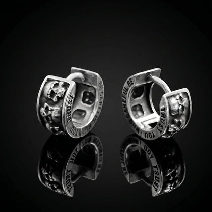 Men's Silver Skull Huggie Hoop Earrings Front Close Up