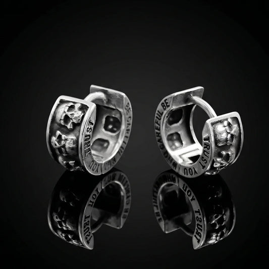 Men's Silver Skull Huggie Hoop Earrings Front Close Up
