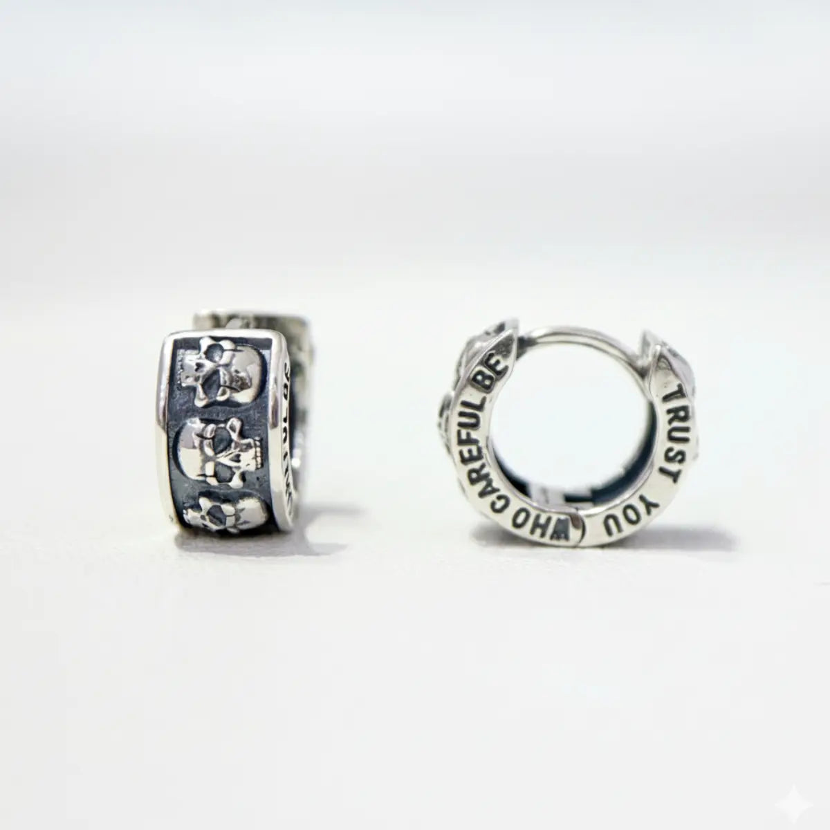 Men's Silver Skull Huggie Hoop Earrings Front