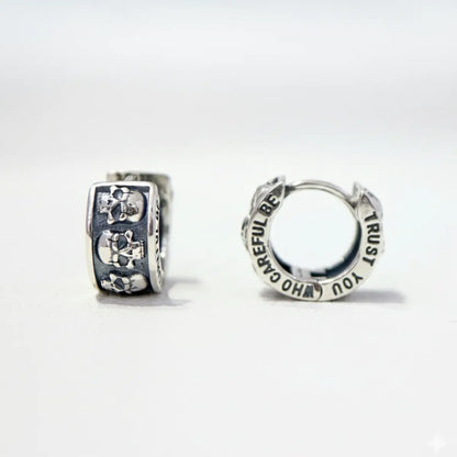Men's Silver Skull Huggie Hoop Earrings Front