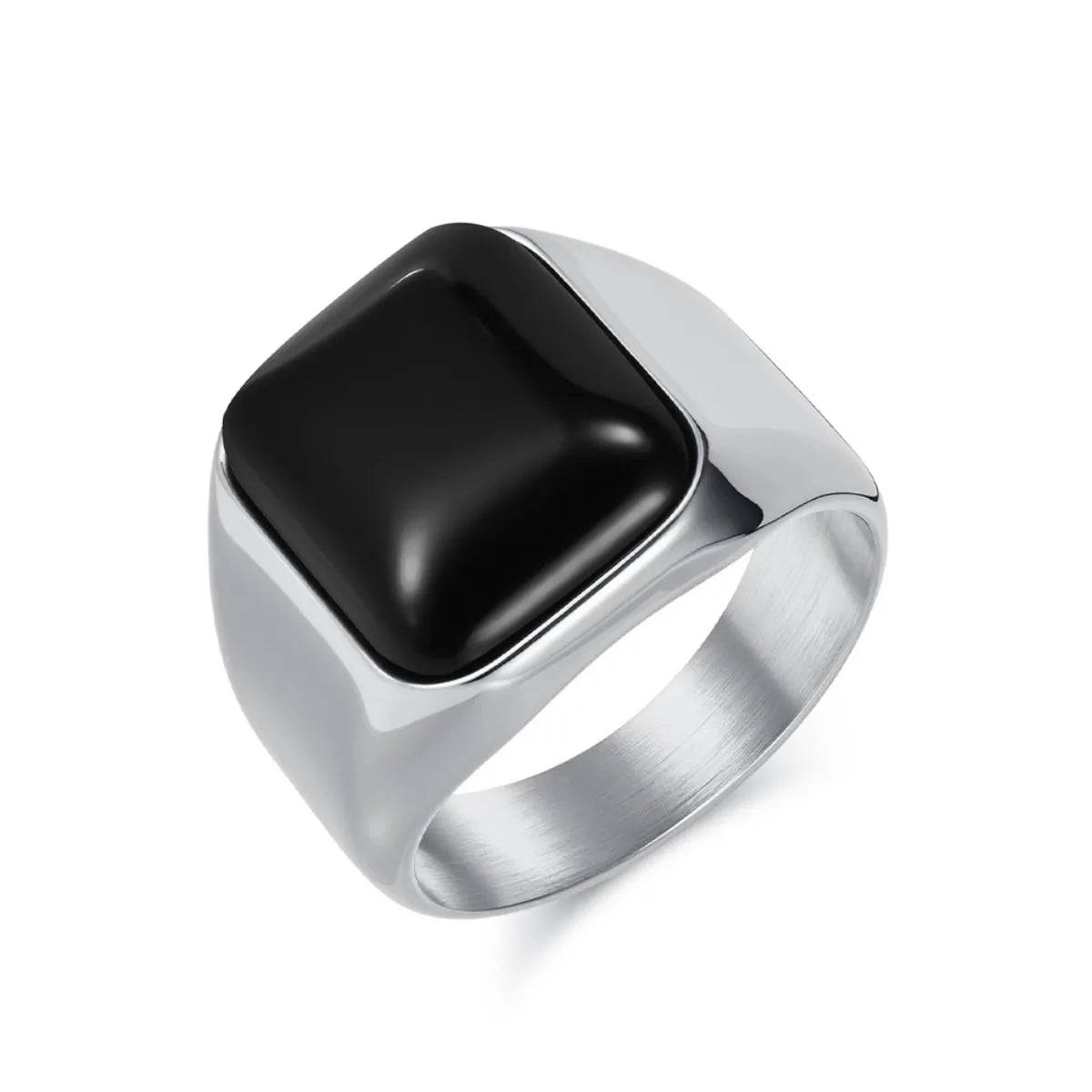 Men's Silver Stainless Steel Square Black Onyx Signet Ring Details