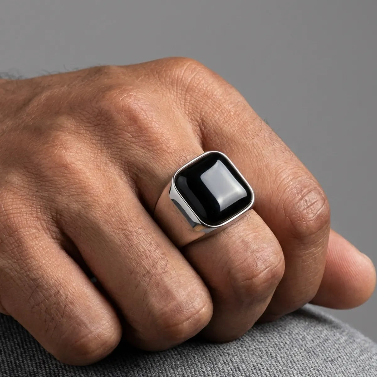 Men‘s Silver Stainless Steel Square Black Onyx Signet Ring Worn by Male Model Close Up