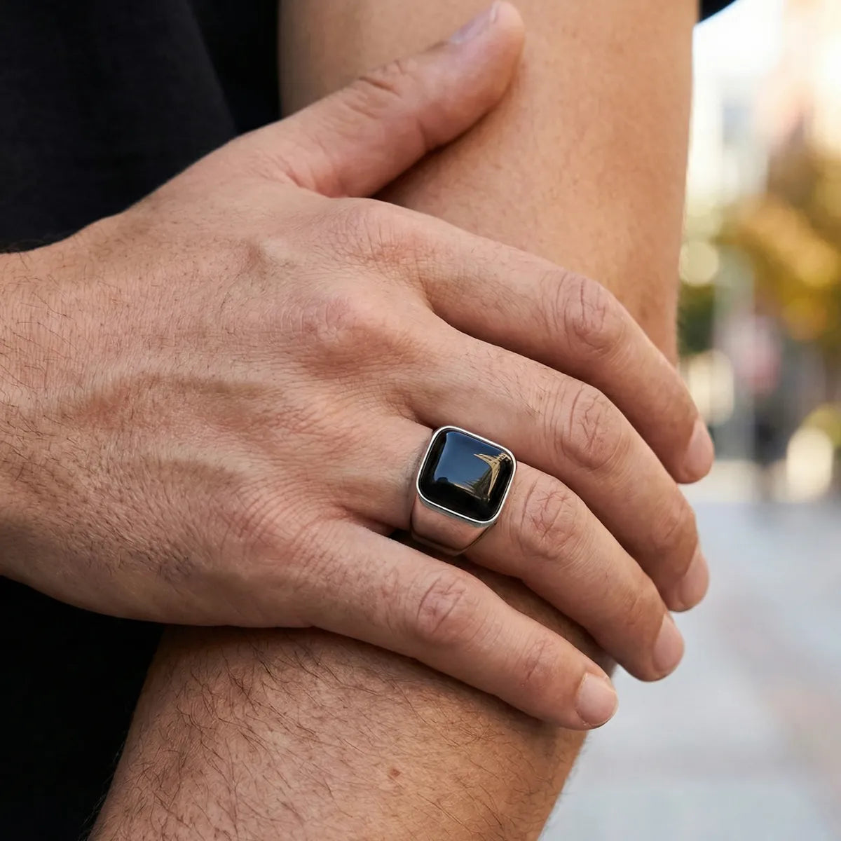 Men’s Silver Stainless Steel Square Black Onyx Signet Ring Worn by Male Model
