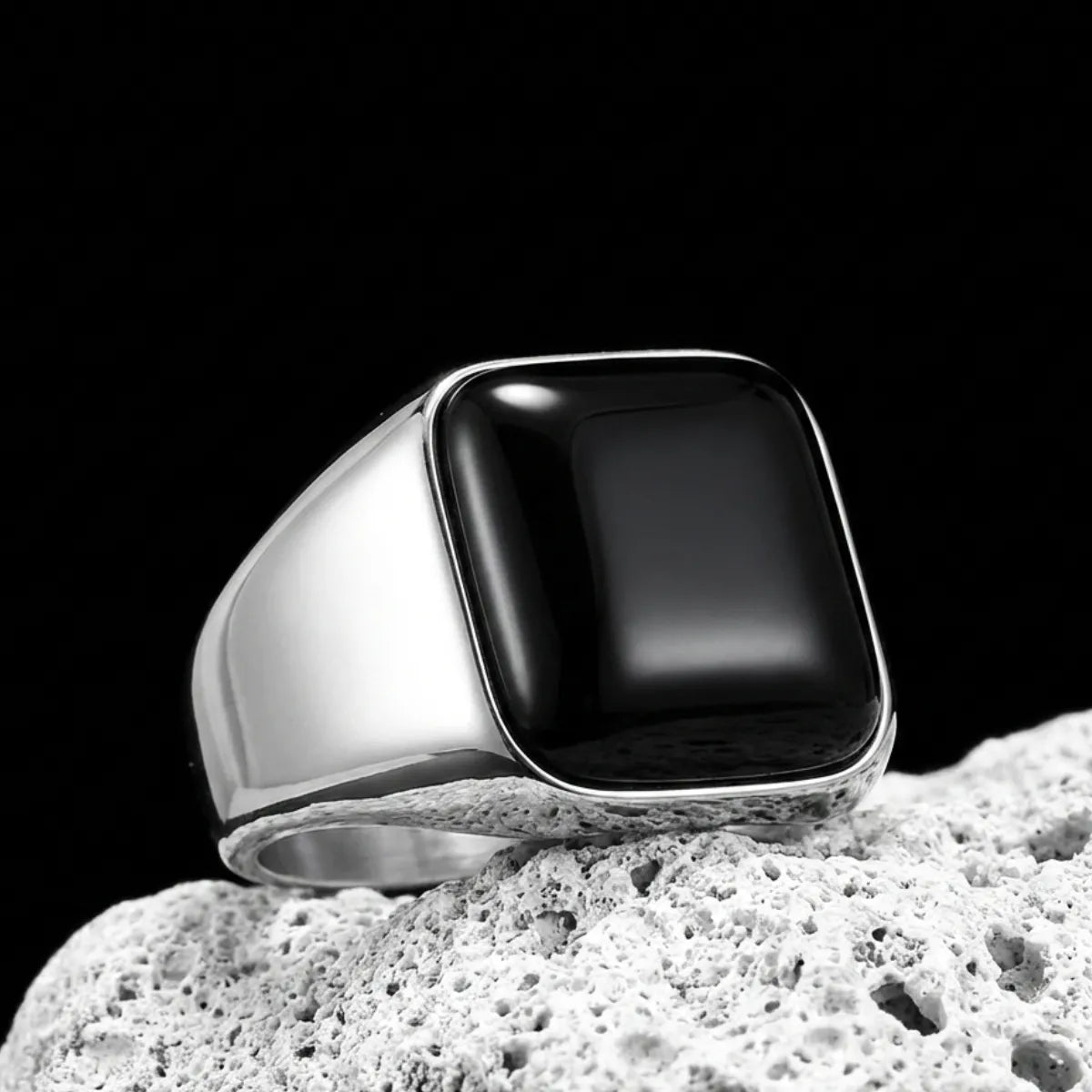 Men’s Silver Stainless Steel Square Black Onyx Signet Ring