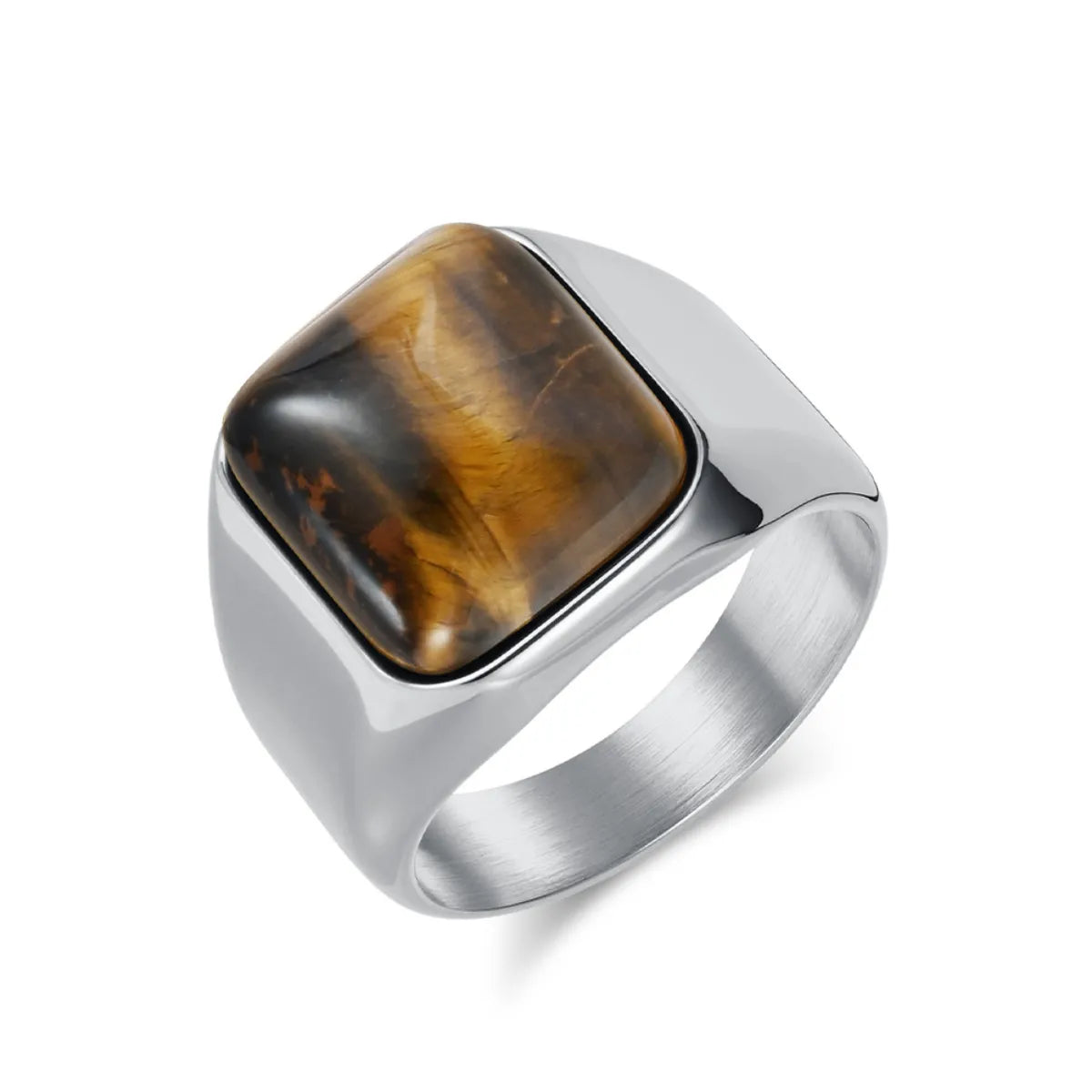 Men‘s Silver Stainless Steel Square Tiger Eye Signet Ring Details