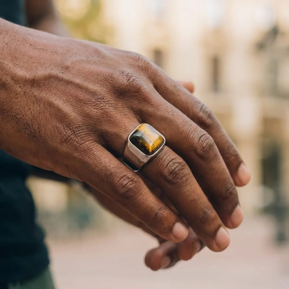 Men’s Silver Stainless Steel Square Tiger Eye Signet Ring Worn by Male Model Side