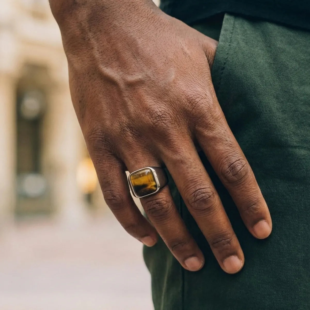 Men's Silver Stainless Steel Square Tiger Eye Signet Ring Worn by Male Model
