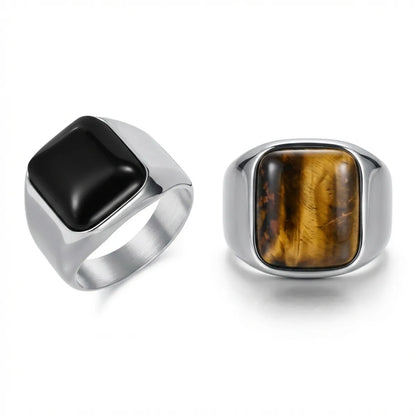 Men‘s Silver Stainless Steel Square Tiger Eye Signet Ring and Men's Silver Stainless Steel Square Black Onyx Signet Ring Details