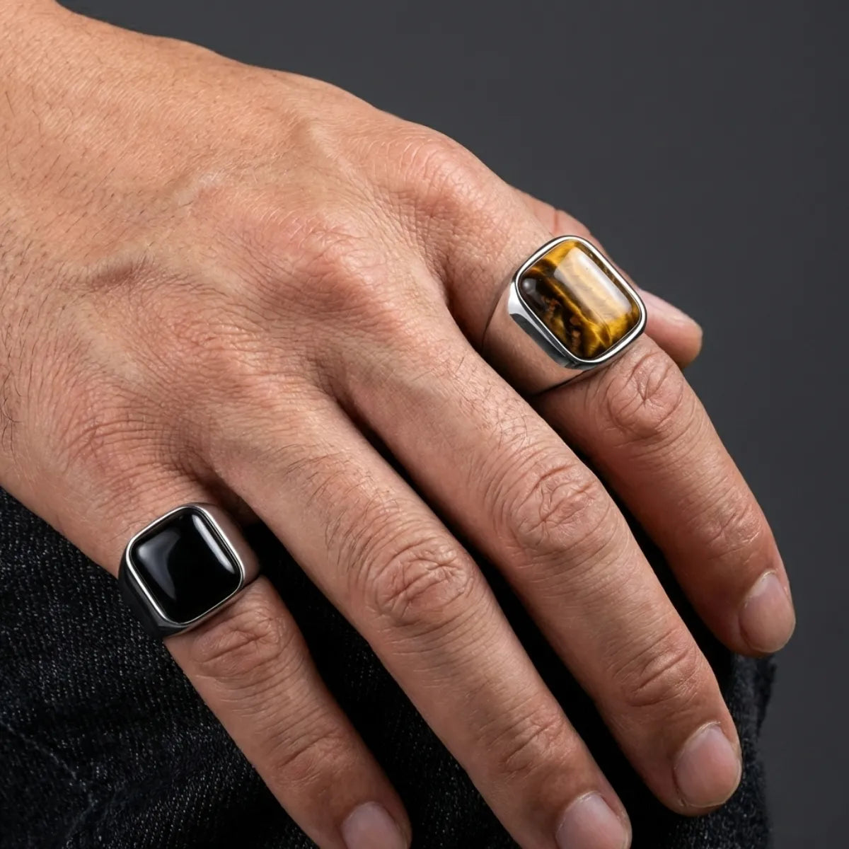 Men’s Silver Stainless Steel Square Tiger Eye Signet Ring and Men's Silver Stainless Steel Square Black Onyx Signet Ring Worn by Male Model