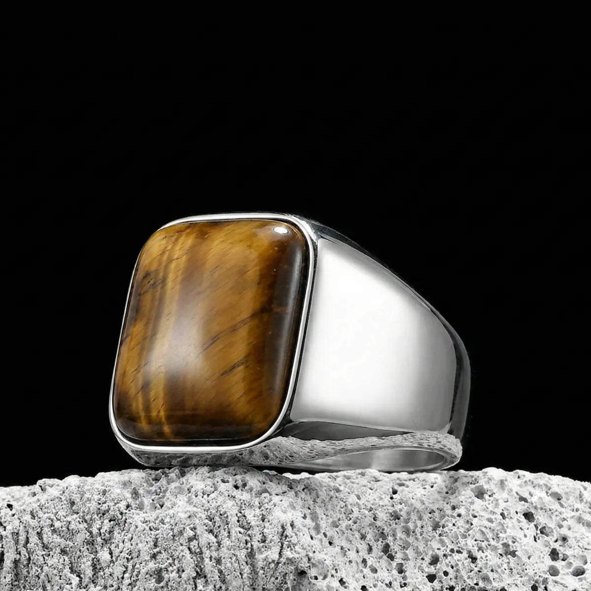 Men‘s Silver Stainless Steel Square Tiger Eye Signet Ring