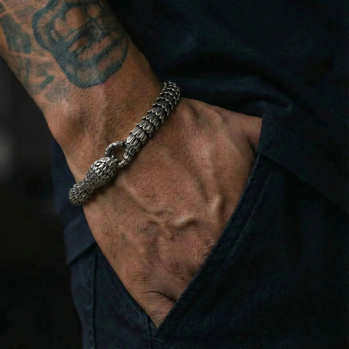 Men’s Snake Chain Bracelet Vintage Black Worn by Male Model