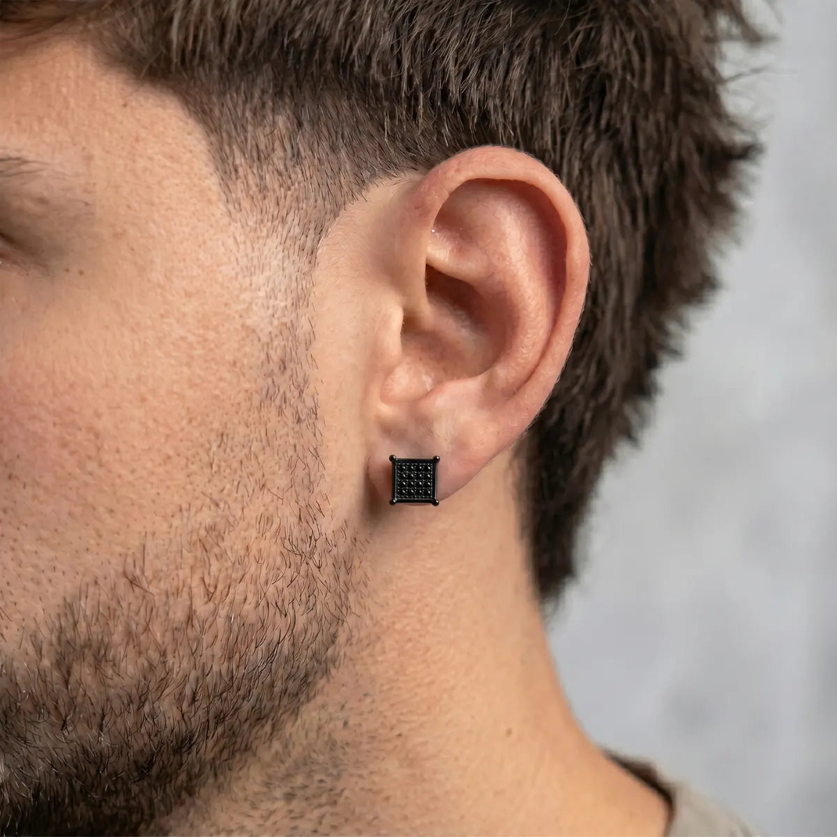 Men‘s Square Earrings Black Worn by Male Model