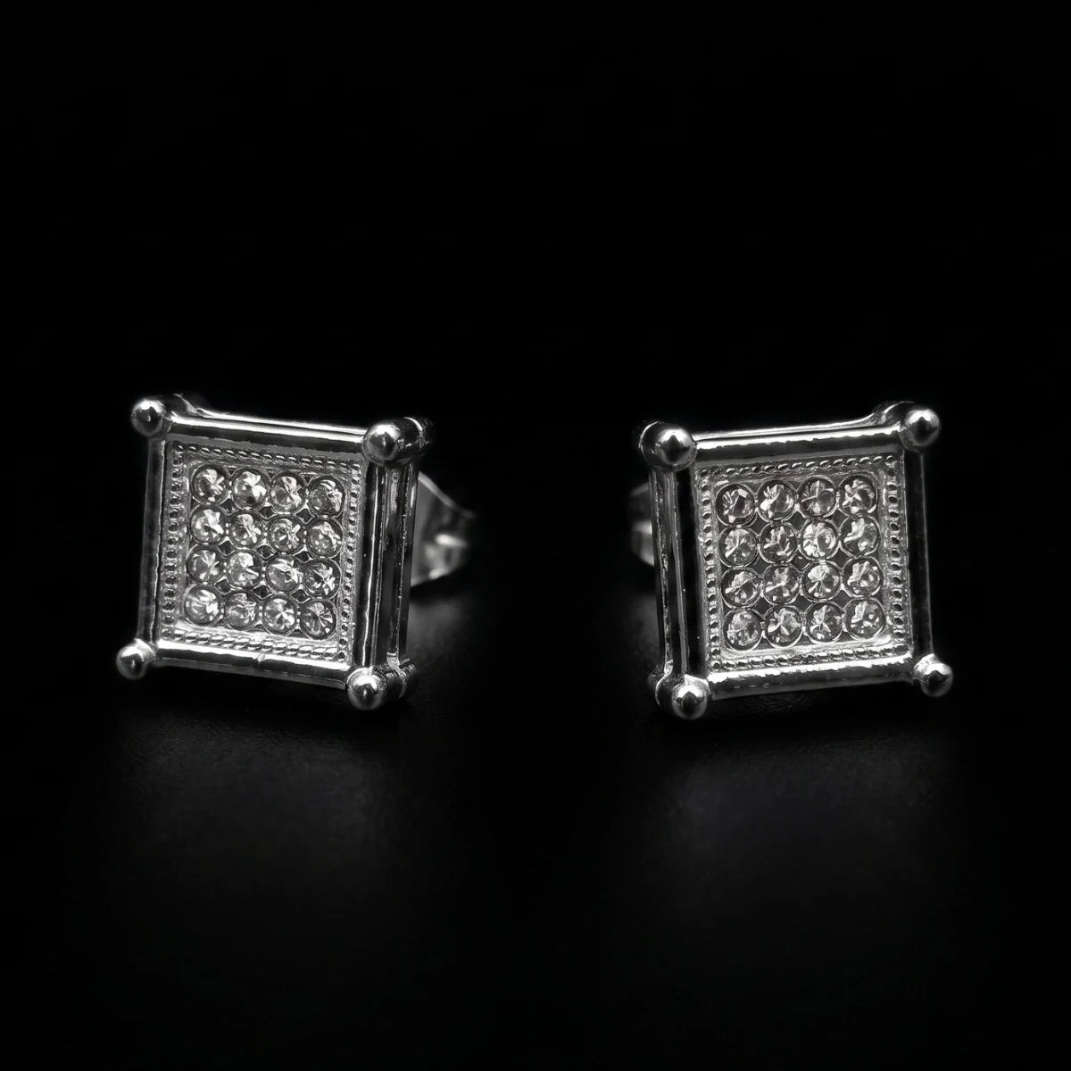 Men’s Square Earrings Silver Close Up