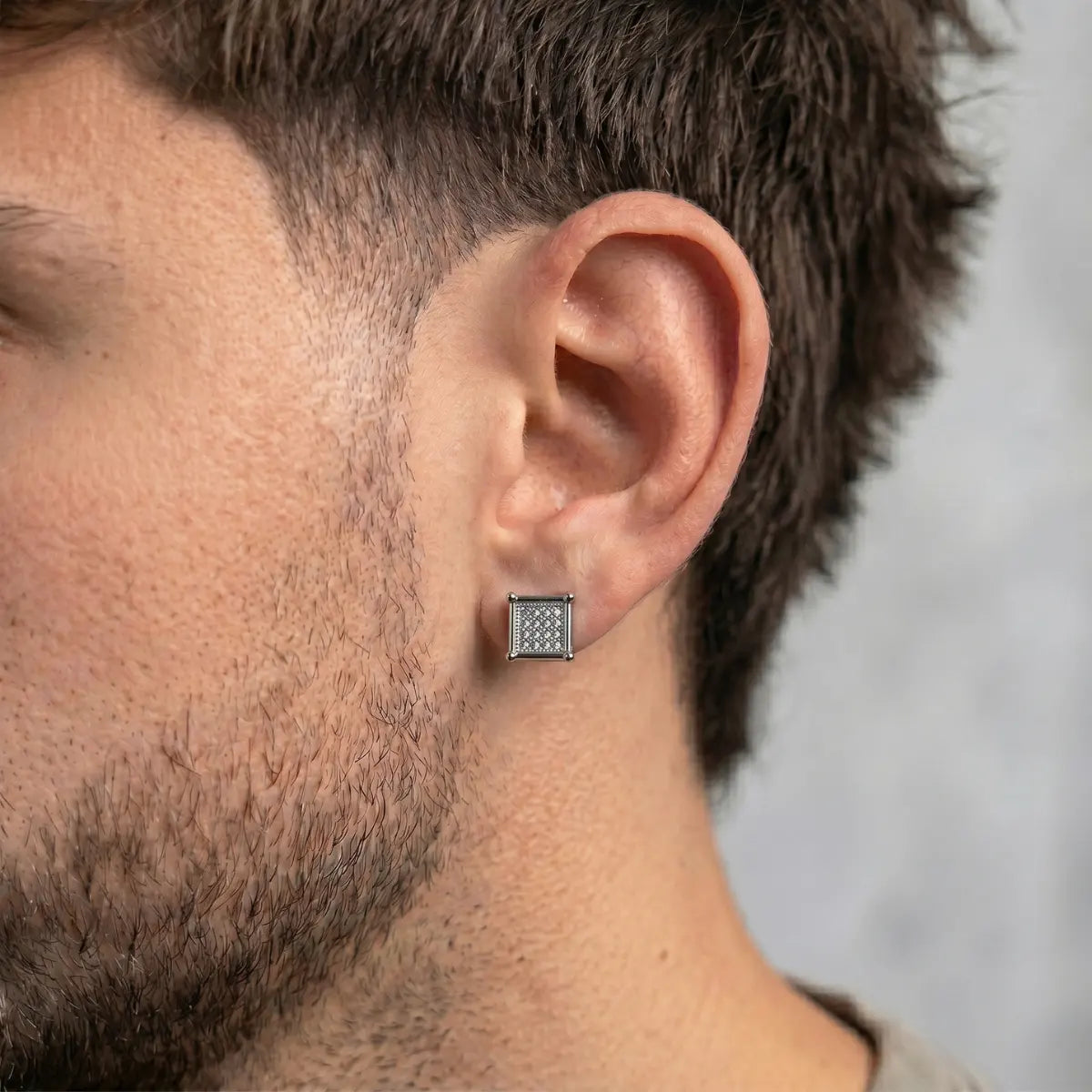 Men’s Square Earrings Silver Worn by Male Model
