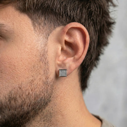 Men’s Square Earrings Silver Worn by Male Model