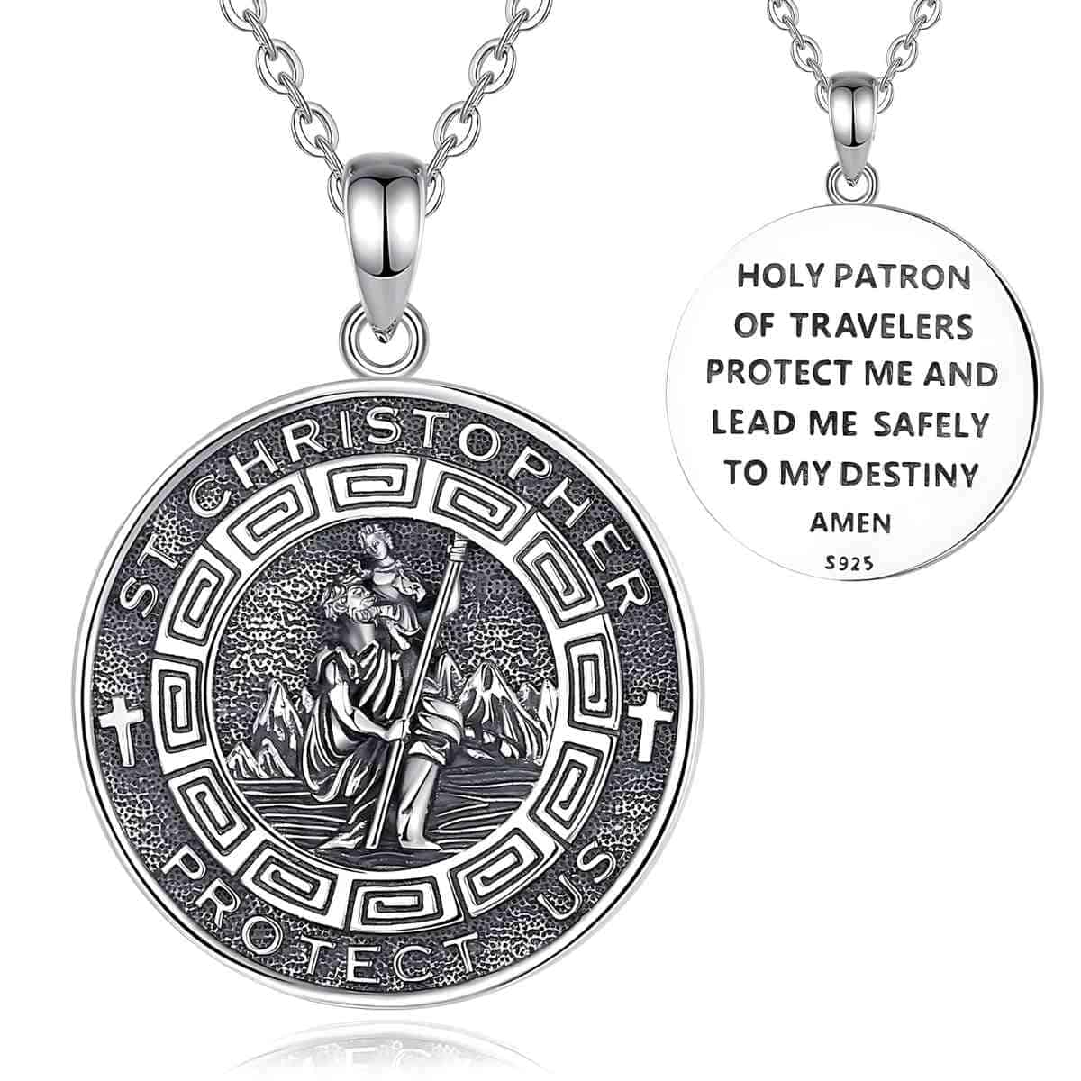 Mens St Christopher Pendant With 18 inch Chain Front and Back Xenos Jewelry