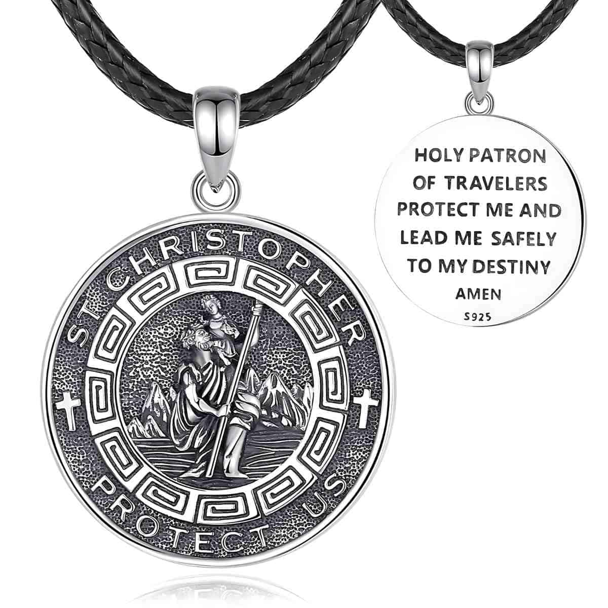 Mens St Christopher Pendant With 24 inch Rope Front and Back Xenos Jewelry