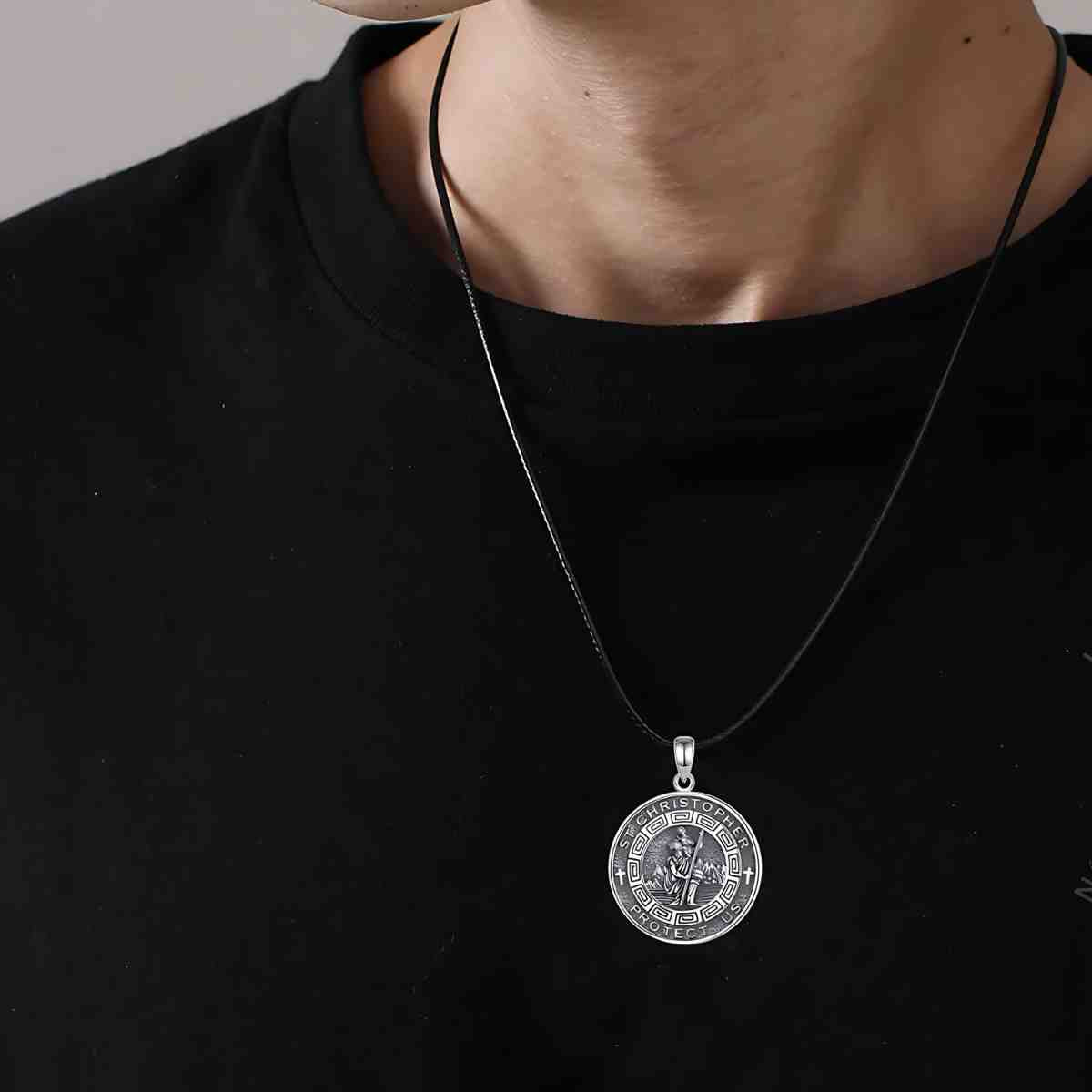 Mens St Christopher Pendant Worn by Model Xenos Jewelry