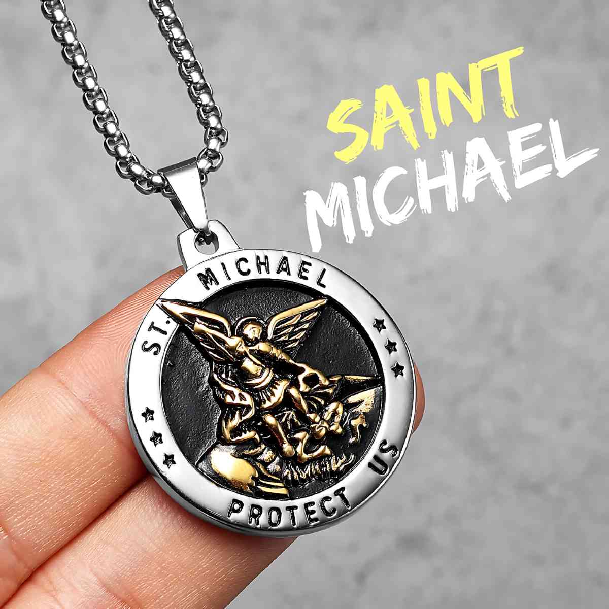 Mens St Michael Pendant Necklace Silver Gold with Chain Xenos Jewelry