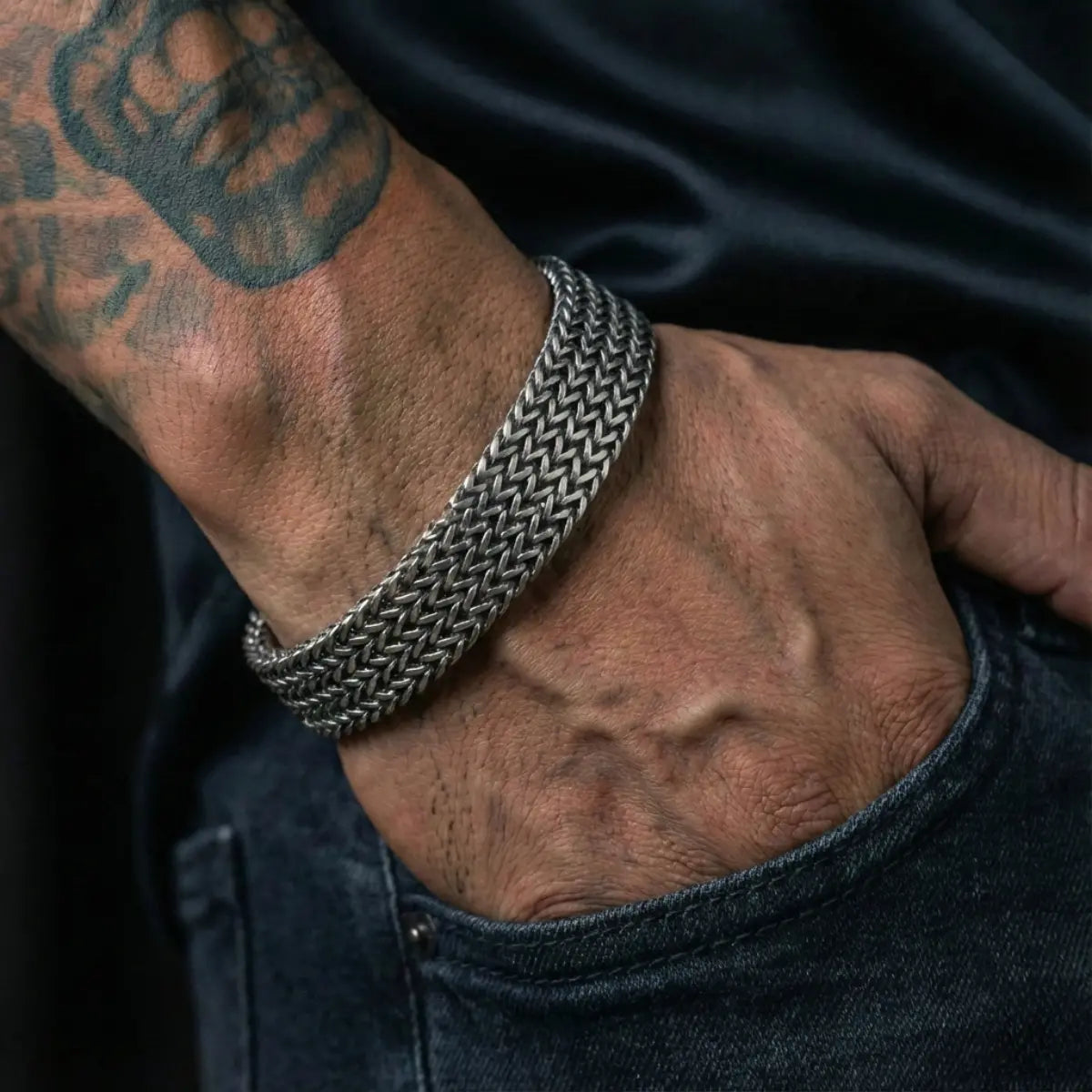 Men's Stainless Steel Foxtail Bracelet Antique Silver Worn by Male Model