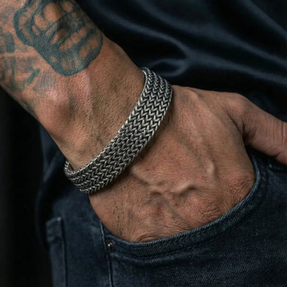 Men's Stainless Steel Foxtail Bracelet Antique Silver Worn by Male Model